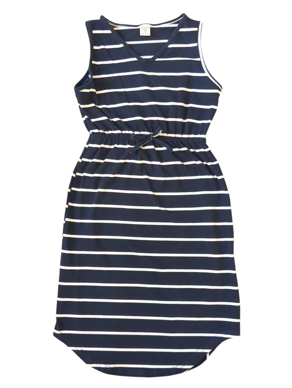 Girls Navy Striped Knot Front Curved Hem Dress (Size 7)